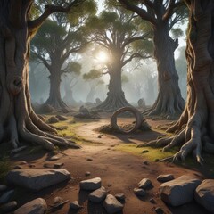 A forgotten stone circle lies hidden among the roots of ancient, gnarled trees , vines, moss
