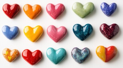 Obraz premium A variety of colorful hearts arranged on a minimalist white background, creating a cheerful Valentine-inspired scene.