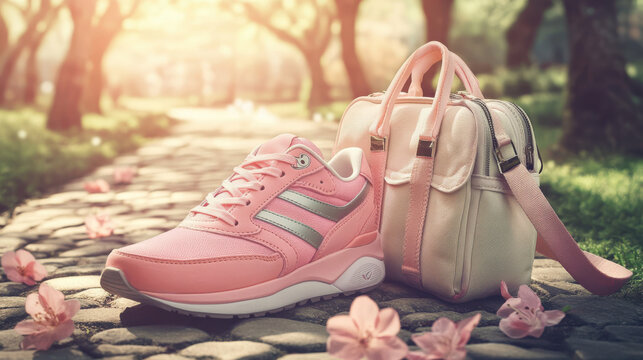 Coral pink running shoes with silver highlights, paired with a cream-colored satchel, resting on a cobblestone path in a lush park