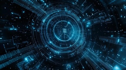 Obraz premium Technological blueprint pattern, detailed circuit architecture, deep space background, bright blue semiconductor paths, central digital core, precise electronic traces, minimalist tech illustration,