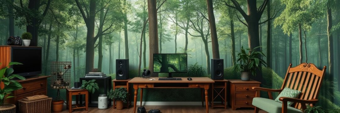 A gaming setup featuring a forest themed wallpaper, complete with green accents, natural textures, and vintage wooden furniture, wooden, natural, textures