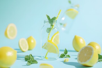 Lemonade, mint, lemon slices, bottle, blue background, summer, drink, studio shot, advertising