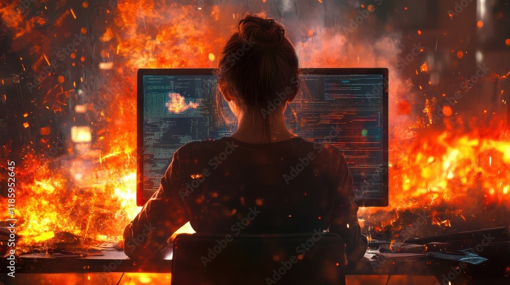 Poster back view of a woman working at a computer, her screen displaying data amidst a fiery, chaotic scene