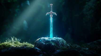 A sword is lit up in the dark, with a blue glow