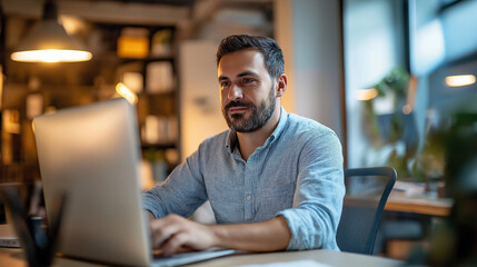 Fototapeta premium Middle Eastern professional working on laptop in modern office. Great for workplace diversity, digital business, and professional success themes.