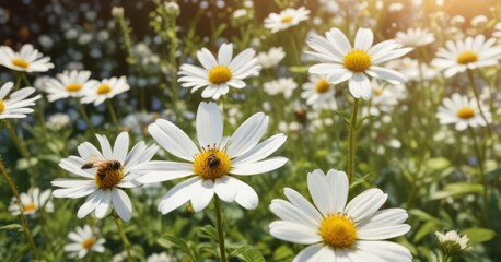 Fototapeta premium A group of honey bees flying towards a bright white flower in a sunny garden, garden, landscape, meadow