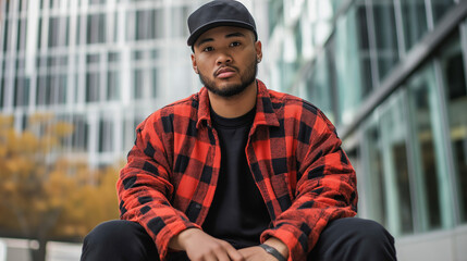 Young African American man in plaid shirt against urban backdrop. Perfect for urban lifestyle, modern culture, and authentic representation themes.