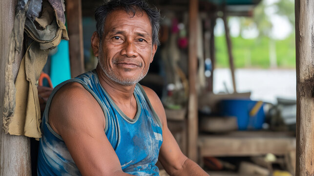 Latino worker in casual attire at rustic workplace. Perfect for manual labor, authentic working class, and skilled trades representation.