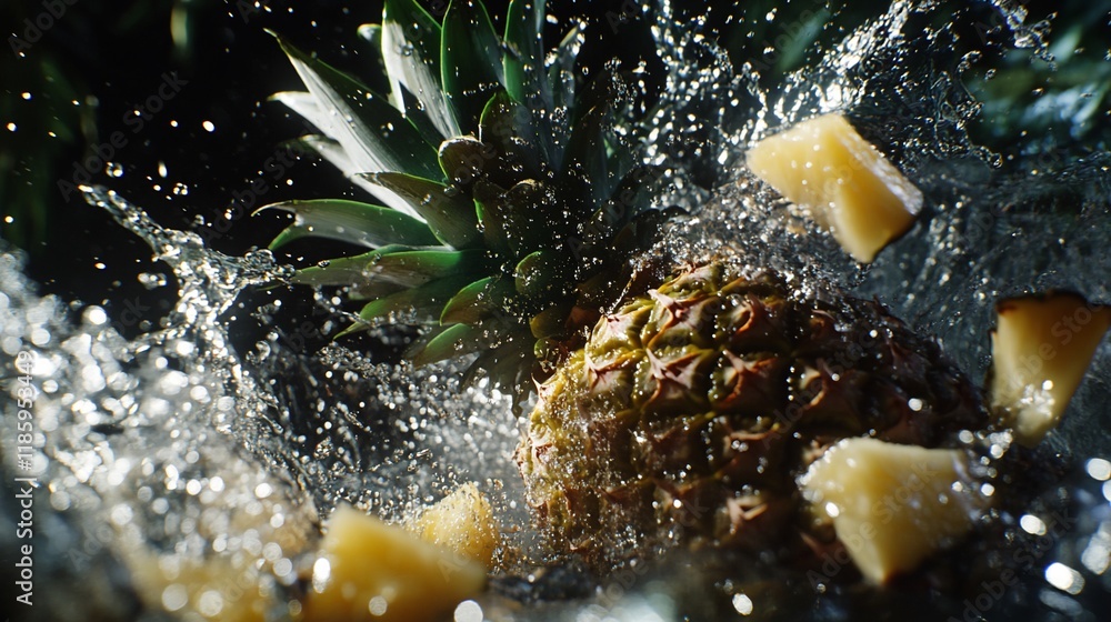 Poster a pineapple splashes into water, creating a dynamic and refreshing scene.