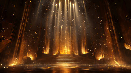 A luxurious stage illuminated by golden spotlights exudes sophistication. Floating gold particles add depth, while the dark brown background enhances the ambiance of an award-worthy event.