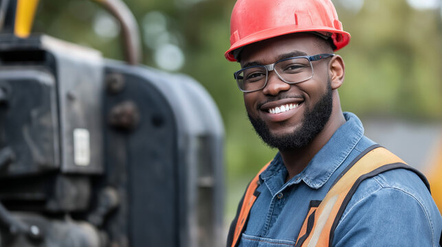 African American construction worker in safety gear smiling. Ideal for industrial safety, professional expertise, and workplace diversity representation.
