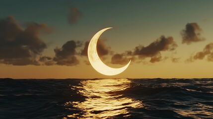 A large, glowing crescent moon is reflected in the water