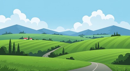 Straight empty road through the countryside. Green hills, blue sky, meadow and mountains. Summer landscape vector illustration.
