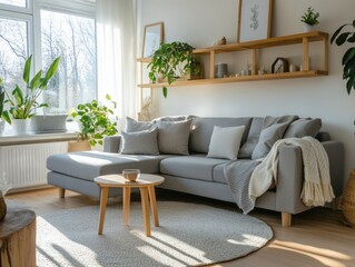 Sunlit Living Room Featuring Grey Sofa and Plants