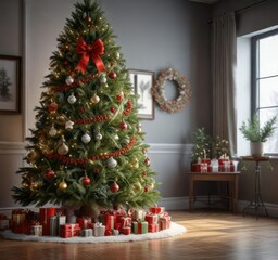 A beautifully decorated Christmas tree with a festive wreath on the bottom, Christmas, Holiday, Wreath