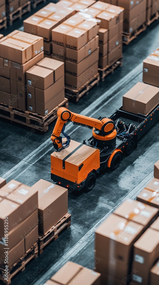 Poster an automated freight system featuring robotic arms loading cargo into a truck in a high-tech warehou