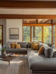 Modern sectional sofa in a sunlit living room with wooden beams