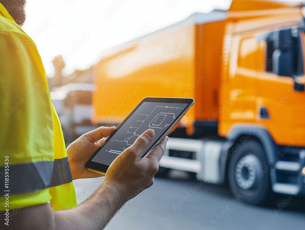 Poster a freight optimization software interface displayed on a tablet held by a logistics expert at a ship