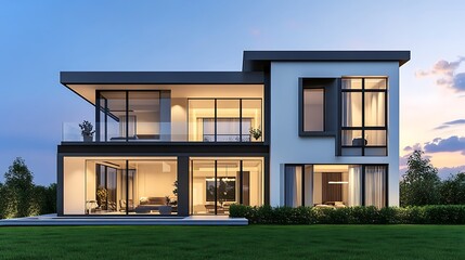 Modern Luxury Home Exterior with Lawn and Captivating Sky View