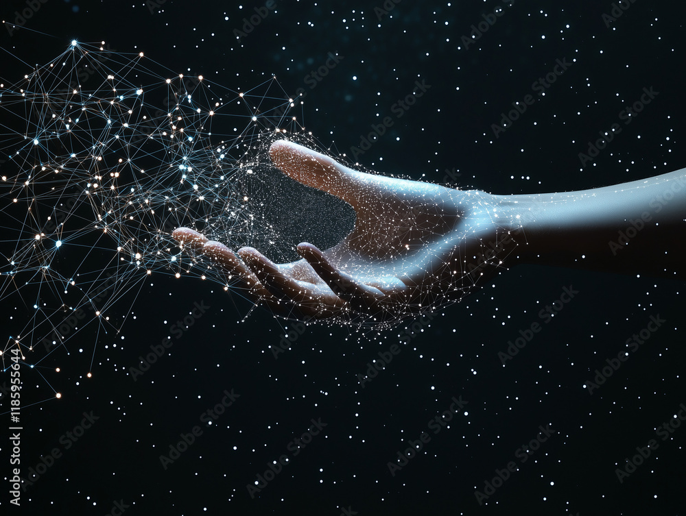Poster ai, machine learning, hands of robot and human touching on big data network connection background, s
