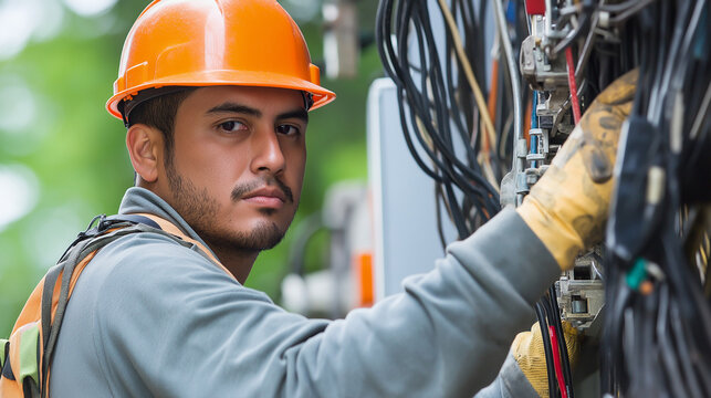 Utility worker maintaining electrical equipment. Great for infrastructure maintenance, technical expertise, and professional service themes.
