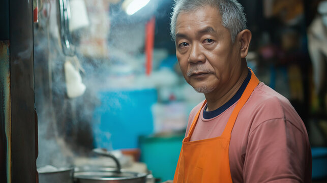 Senior Asian chef in professional kitchen. Perfect for culinary expertise, restaurant industry, and professional cooking themes. - Powered by Adobe