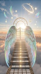 Angelic Ascent: A celestial stairway bathed in ethereal light leads to a golden gate, surrounded by iridescent angel wings.  The sky above is filled with twinkling stars and shimmering feathers.