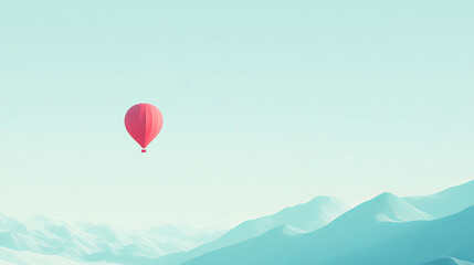 Obraz premium A red hot air balloon drifts gracefully over a mountainous landscape beneath a soft pastel sky, evoking a serene and ethereal ambiance.