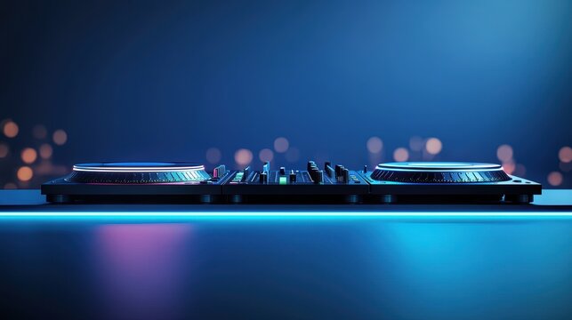 DJ booth accessories. DJ equipment illuminated with vibrant lights, set against a blurred bokeh background.