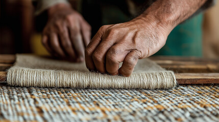 Close-up of hands weaving traditional textile. Perfect for artisanal craft, traditional skills, and cultural heritage themes.
