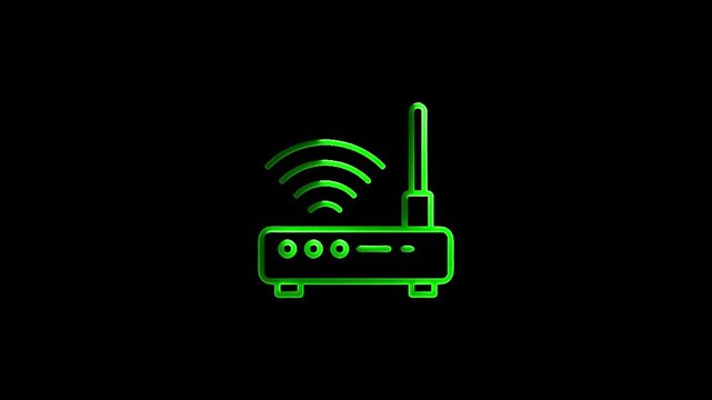 Glowing neon line Router and wi-fi signal icon isolated on black background. Wireless ethernet modem router. Computer technology internet. 4K Video motion graphic ..