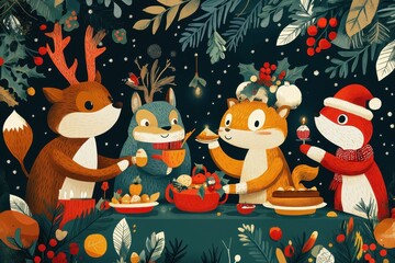 Fototapeta premium Festive Woodland Creatures Enjoying A Christmas Feast