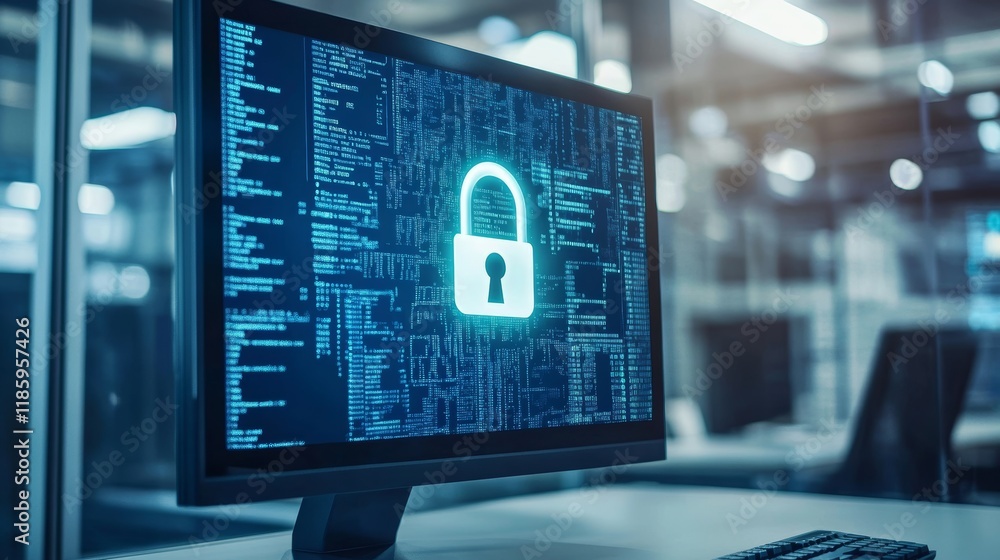 Poster desktop computer in office featuring bright lock icon signifying enhanced security measures