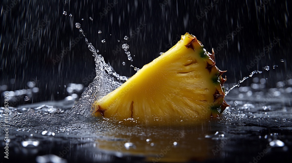 Poster a vibrant pineapple slice splashes into water, creating dynamic droplets and ripples.