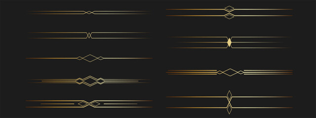 Luxury Golden text dividers set. Geometric gold separator thin lines for text or chapter division. Divider ornament, borders, vintage line separators in art deco style. Decorative elements