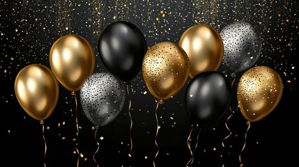 Shiny gold and silver balloon with confetty on a black background, birthday background.