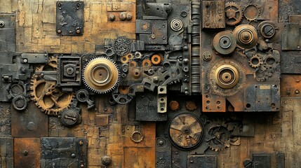 Intricate Collage of Rusty Gears and Industrial Components: A Steampunk Masterpiece