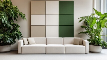 Modern beige sofa in minimalist lobby with plants and acoustic panels
