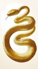 Obraz premium Golden Dragon or Golden Snake illustration design, minimalist, graphic design, clear scales, writhing body, white background, gold foil paper brush marks