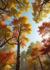 Obraz premium a forest canopy with a mix of autumn colors and tree shapes, changing seasons, fall colors, autumn leaves