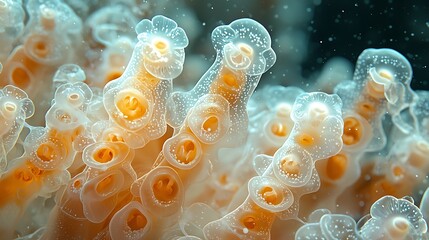Close-up of translucent orange and white sea squirts, clustered together underwater.