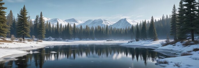 A frozen pond surrounded by tall evergreen trees and a few snow-covered hills in the distance, wintry scenery, winter christmas background, snowy hills