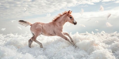 A gentle pink foal horse plays in a field of soft white feathers floating gently around its legs on the clouds, magical horses, pastel colors