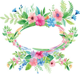 Fototapeta premium Watercolor Floral Oval Frame with Pink and Blue Flowers