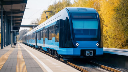 Naklejka premium Blue train on the platform of a railway station in the countryside.