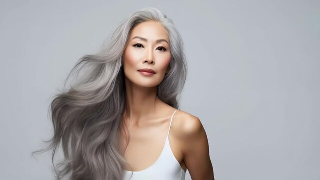 Graceful woman with long, flowing gray hair, a confident gaze, and glowing skin against a soft backdrop