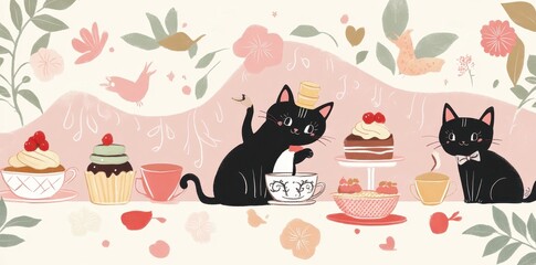 Two Black Cats Enjoying Afternoon Tea With Cakes and Pastries