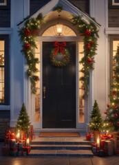 Fototapeta premium A house with a stunning Christmas tree and a beautiful wreath on the front door, winter scene, holiday decorations, festive atmosphere