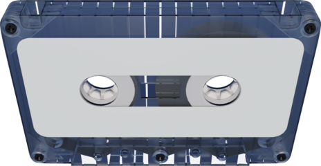 Horizontal view of blue transparent cassette, featuring visible white reels, central window, and glossy reflective surface against transparent background. Concept of nostalgia, multimedia, technology.
