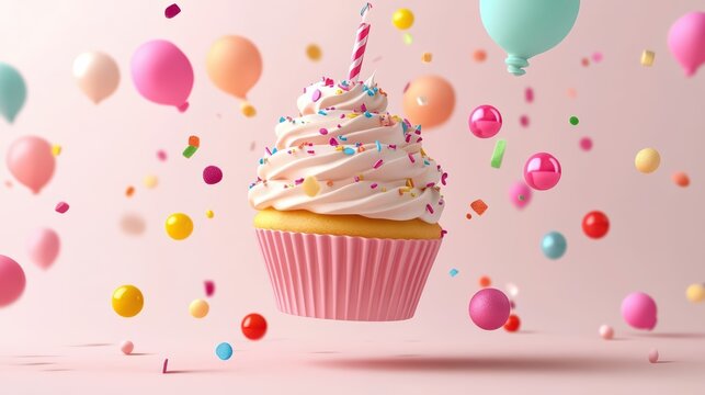 Birthday greetings. Celebrate with a pastel cupcake topped with a candle, surrounded by a balloon of birthday joy.